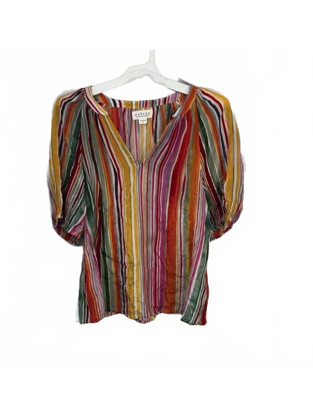 Velvet by Graham & Spencer Small Multicolor Striped Puff Sleeve V-Neck Blouse
